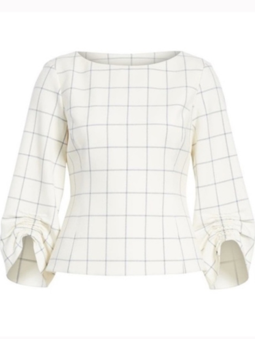 Tibi Cream Blouse with Blue Windowpane Plaid and Ruched Cuffs